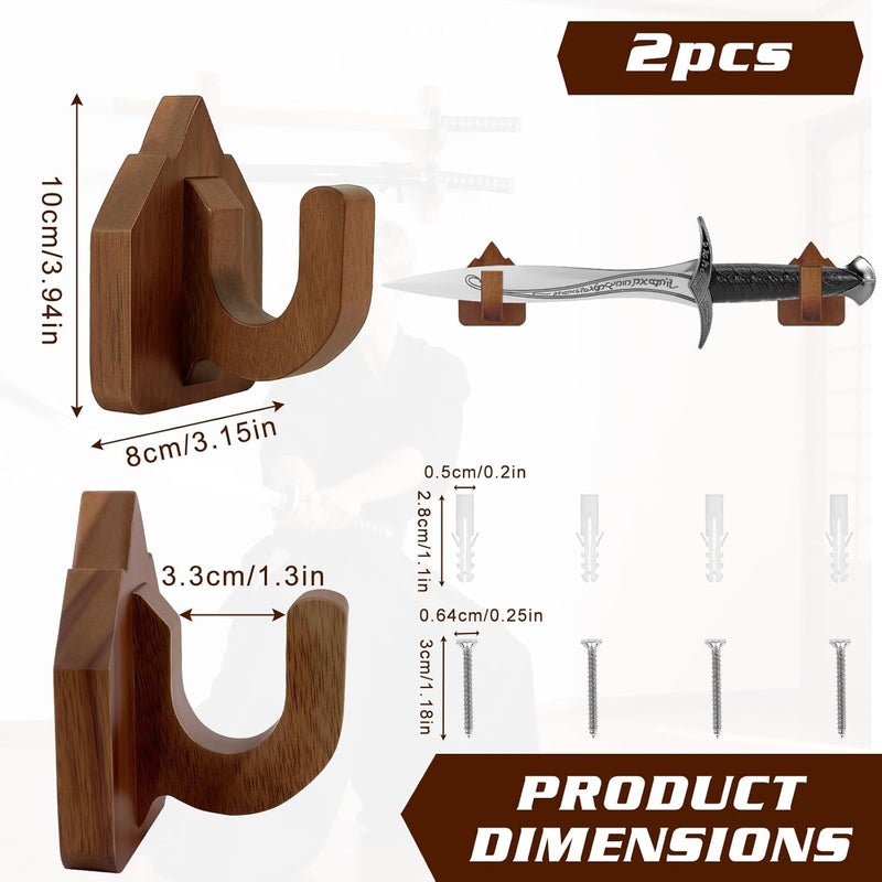 CharmFields Store Sword Wall Mount Display Hooks, Wooden Sword Holder Rack, Katana Display Stand and Hangers for Martial Arts Weapons, Wizard Wand, Knife, Axe, Dagger, Home and Office Decor - Reddish Brown - Image 2